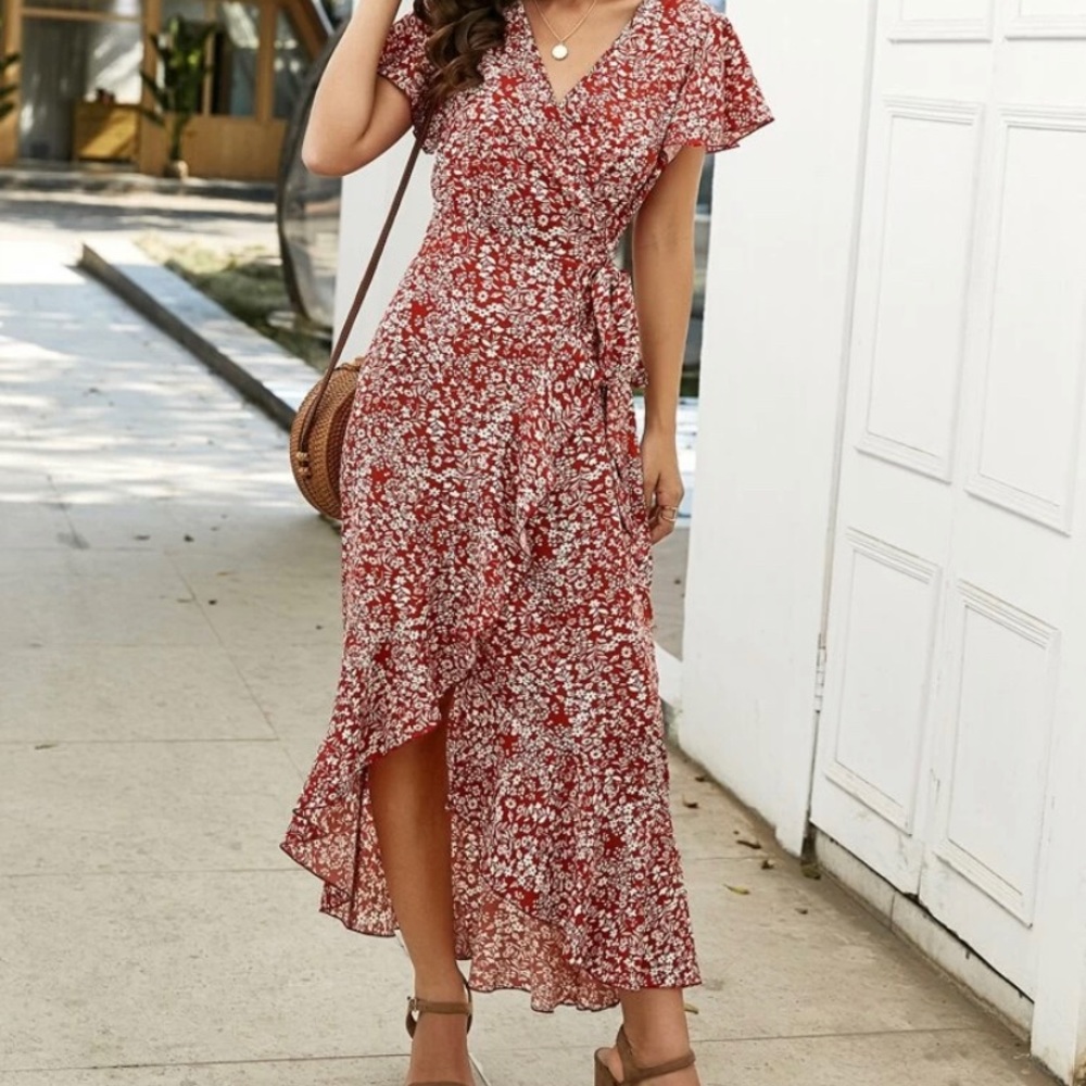 Floral tulip hem wrap dress
